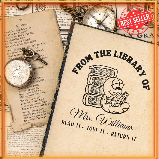 Aus der Bibliothek | Funny Book Worm Teacher Permastempel