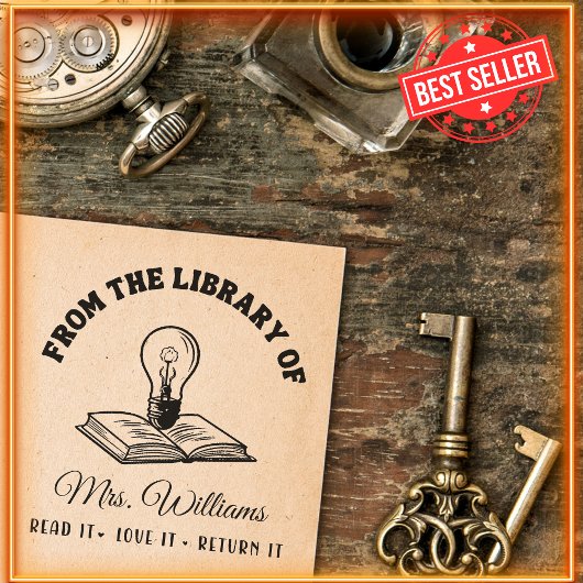 Aus der Bibliothek | Light Bulb on Book, Lehrer Permastempel