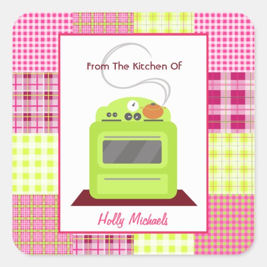 Aus der Küche von...heller grüner Ofen & Kariert Quadratischer Aufkleber (Vorderseite)