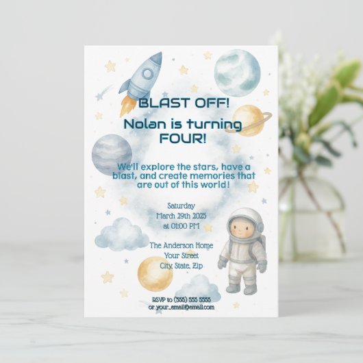 Aus dieser Welt kosmisch | Space Party - Geburtsta Einladung (Stehend Vorderseite)