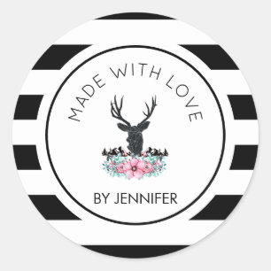 Aus Liebe Hirschkopf mit Blume und Bergen Runder Aufkleber