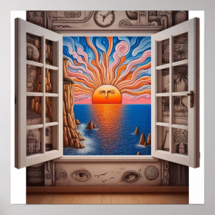 Aus meinem Fenster: Sonnenuntergang und Klippe Poster