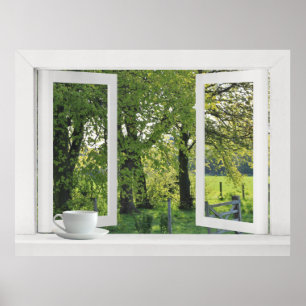 Ausblick auf Grün - Fenster öffnen mit Bäumen Poster
