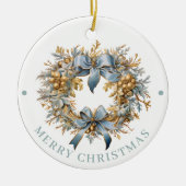 Ausgearbeiteter blauer und goldener Weihnachtskran Keramik Ornament (Vorne)