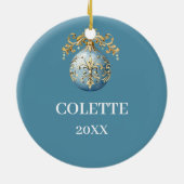 Ausgearbeiteter blauer und goldener Weihnachtskran Keramik Ornament (Hinten)