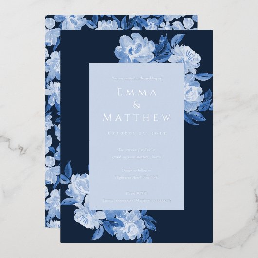 Ausgeklügelte Aquarellfarben - Blume mit blauem Hi Folieneinladung (Vorderseite/Rückseite)