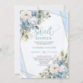 Ausgeklügelte, blaue, weiße Peonies Sweet 16 Einladung (Vorderseite)