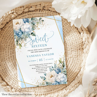 Ausgeklügelte, blaue, weiße Peonies Sweet 16 Einladung