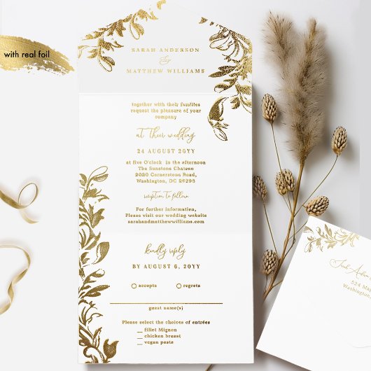 Ausgeklügelte White and Gold Foil Blätter All-in-One-Einladung