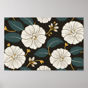 Ausgeklügeltes Blumenmuster mit weißen Blüten Poster