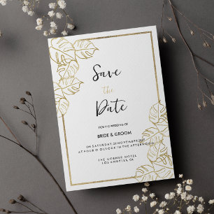 Ausgeklügeltes, tropisches Weißgold Save the Date Einladung