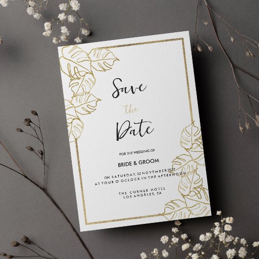 Ausgeklügeltes, tropisches Weißgold Save the Date Einladung