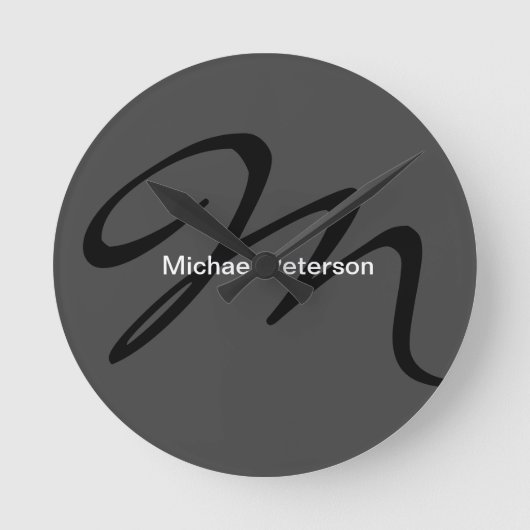 Ausgereifte Script Monogram Initial Modern Gray Runde Wanduhr (Vorderseite)
