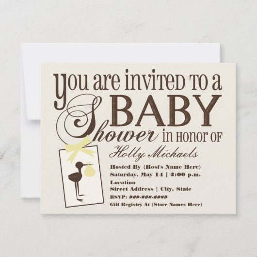 Ausgereifte Storch Yellow Baby Dusche Einladung (Vorderseite)