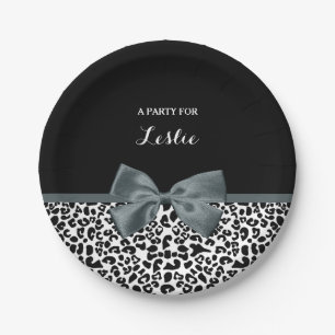 Ausgereifter Leopard Print Graue Bow mit Namen Pappteller
