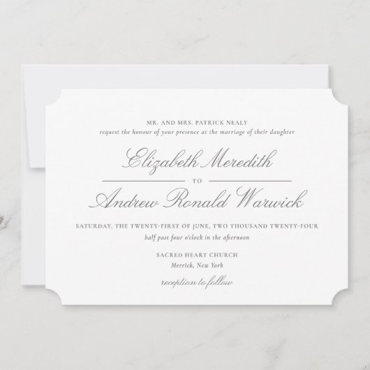 Ausgereiftes Grau-Weiß-Spitzen-Skript Einladung (Vorderseite)