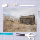 Ausgetragener Stall und Pferde auf einem Feld Seidenpapier (Handwerk)