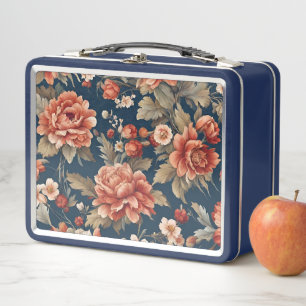 Ausgezeichnete Retro-Orangenrosen, Blätter und Blu Metall Brotdose