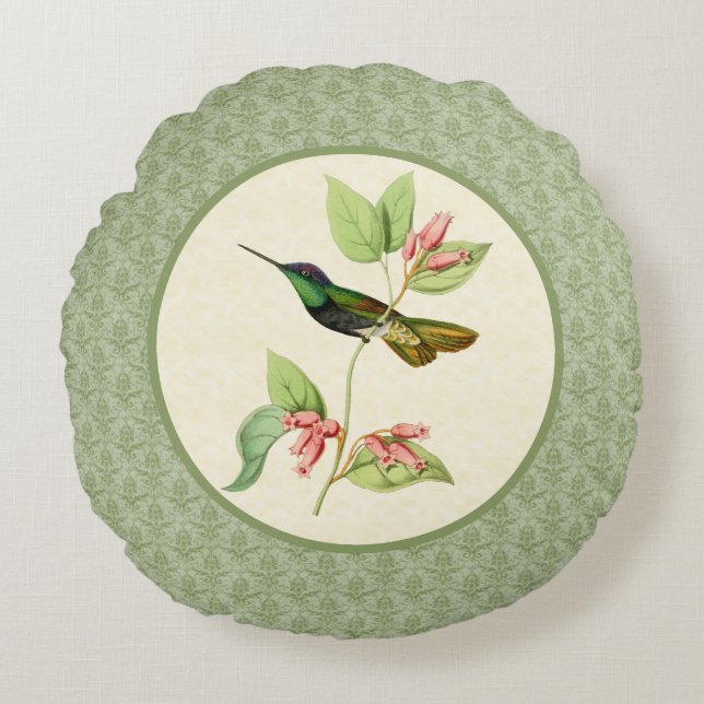 Ausgezeichneter Kolibri-Damast-rundes Kissen (Vorderseite)