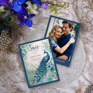 Ausgezeichnetes Blaues Pfau-Wasserfarbfoto TLW26 Save The Date