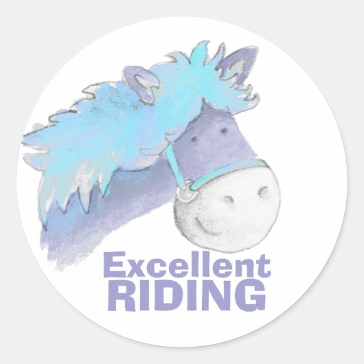 Ausgezeichnetes Pferd / pony reitend blaue Lob Auf Runder Aufkleber (Vorderseite)