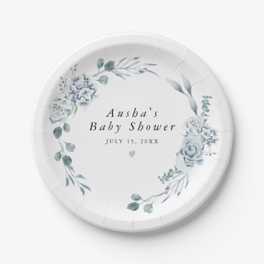 AUSHA Dusty Blue Floral Boy Baby Dusche Pappteller (Vorderseite)