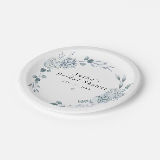 AUSHA Dusty Blue Floral Boy Baby Dusche Pappteller (Schrägansicht)