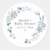 AUSHA Dusty Blue Floral Boy Baby Dusche Runder Aufkleber (Vorderseite)