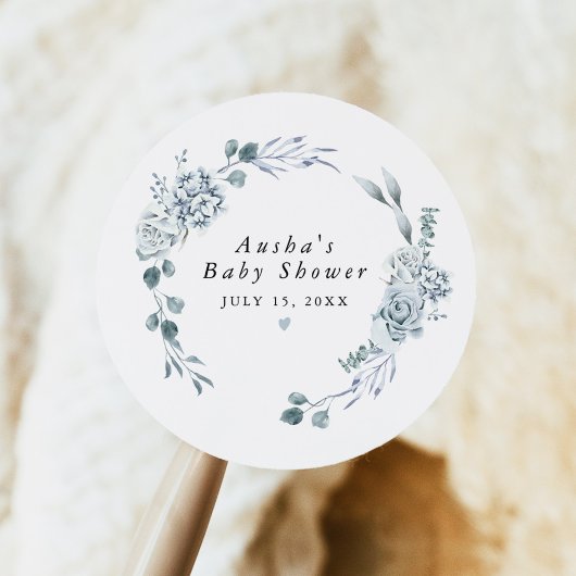 AUSHA Dusty Blue Floral Boy Baby Dusche Runder Aufkleber