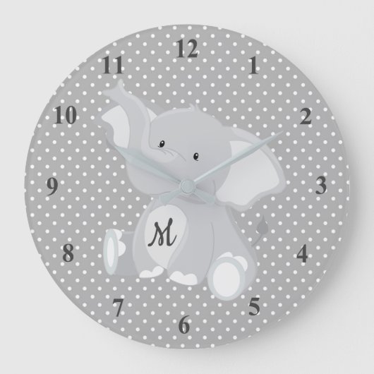 Auslösende Monogramm-Elefant-Polka-Punkte Große Wanduhr (Vorderseite)
