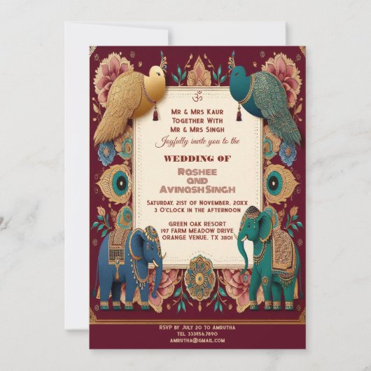 Auspicious Elephants Peacock Feather Ornate Indian Einladung (Vorderseite)