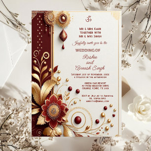 Auspicious Gold Verziert Maroon Floral Motifs indi Einladung