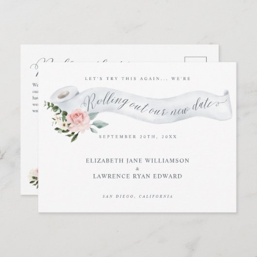 Ausrollen unseres neuen Datums | Toilettenpapier R Ankündigungspostkarte (Vorne/Hinten)