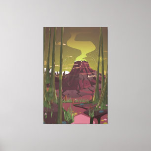 Ausrottung des Vulkans im Sumpf-Cartoon Leinwanddruck