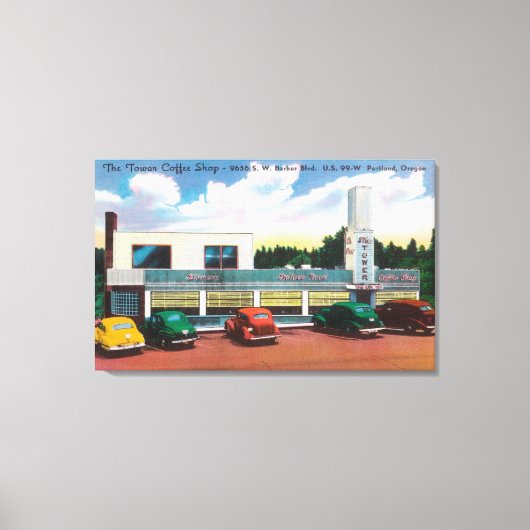 Außenansicht des Tower Coffee Shop Leinwanddruck (Vorderseite)