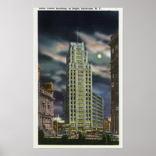 Außenansicht Staat Tower Gebäude bei Nacht Poster (Vorne)