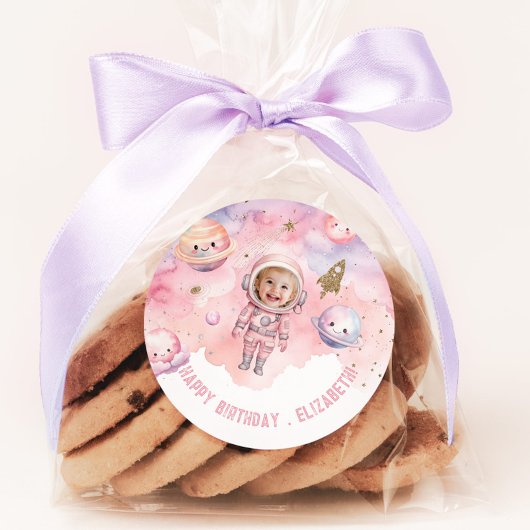 Außenraummädchen Astronautin Rosa Foto Geburtstag Runder Aufkleber