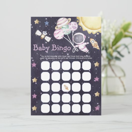 Äußere Space Baby Dusche Bingo Game Card Einladung (Stehend Vorderseite)