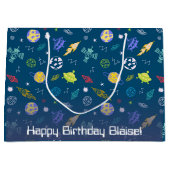 Äußeres Raumdoodmuster Monogramm | Dunkelblau Große Geschenktüte (Vorderseite)