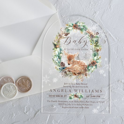 Außerhalb von Blue Winter floral Deer Baby Dusche Acryleinladungen