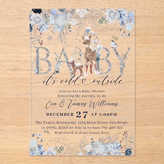 Außerhalb von Blue Winter floral Deer Baby Dusche Acryleinladungen (Vorderseite)