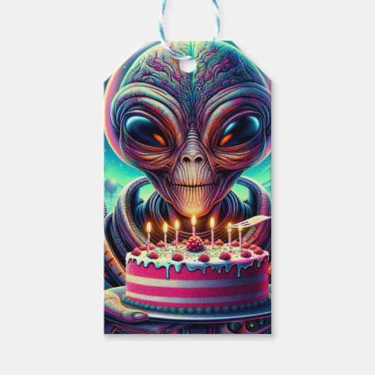 Außerirdische Alien frisst Geburtstagskuchen Geschenkanhänger (Vorderseite)