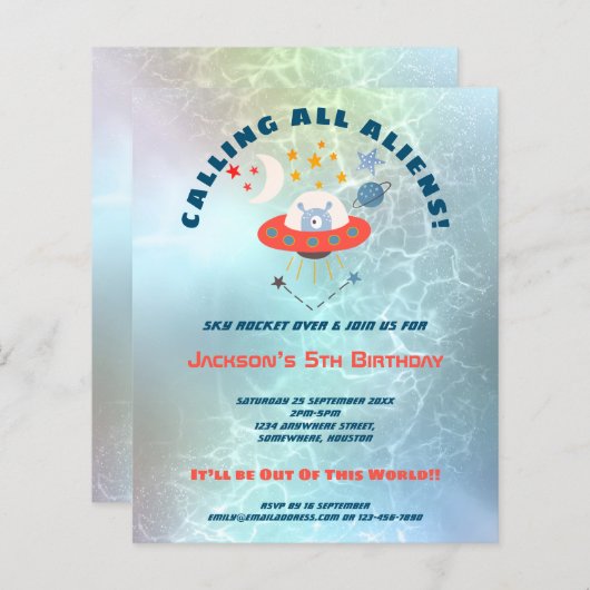 Außerirdischen 5. Geburtstagsparty Einladung (Vorne/Hinten)
