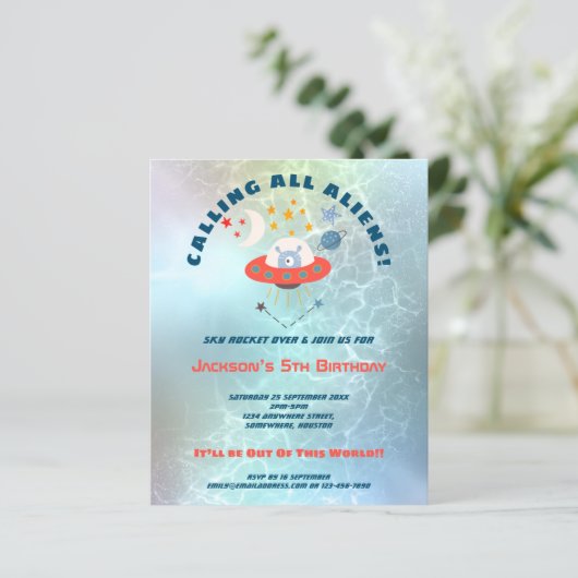 Außerirdischen 5. Geburtstagsparty Einladung (Stehend Vorderseite)