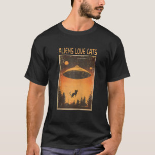 Außerirdischen Liebe Katzen Funny Retro UFO Chat L T-Shirt