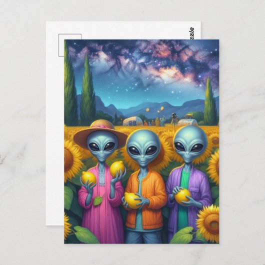 Außerirdischen mit Zitronen in Sonnenblumen Postkarte (Vorne/Hinten)