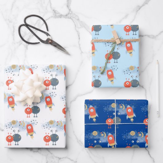 Außerirdischen Raumschiffe Boy Birthday White Blue Geschenkpapier Set (Vorderseite)