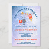Außerirdischen Spaceship Boy Blue Lilac 4. Geburts Einladung (Vorderseite)