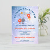 Außerirdischen Spaceship Boy Blue Lilac 4. Geburts Einladung (Stehend Vorderseite)