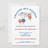 Außerirdischen Spaceship Cartoon Junge 4. Geburtst Einladung (Vorderseite)